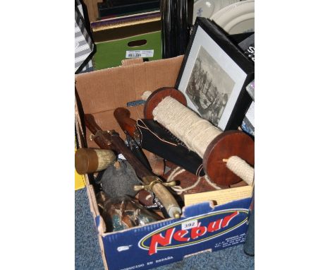 A BOX OF SUNDRIES, to include reproduction knives/daggers, powder flask, pistol etc