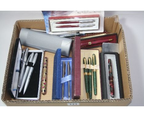 A BOX OF PENS, to include a lighter