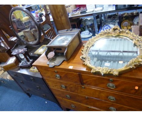A GILT FRAMED WALL MIRROR, wall clock, two mantel clocks, etc (6)