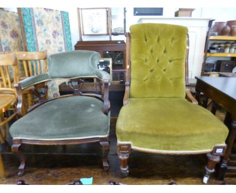 A VICTORIAN BUTTON BACK CHAIR, with mahogany frame and an Edwardian tub style chair, (sd) (2)