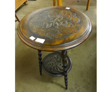 A Victorian carved beech bobbin turned circular occasional table 