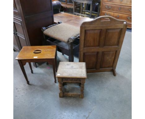 A Victorian mahogany piano stool, oak stool, firescreen and another stool 