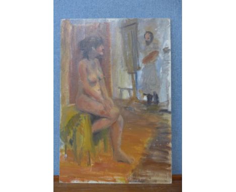 Manner of Mathew Smith, portrait of an artist and female nude study, oil on board, bearing signature, unframed 