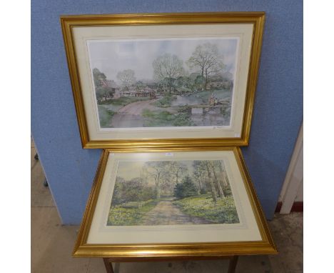 Florence K. Walker, Spring at Hollow Car, Harrogate, watercolour and a signed Sturgeon landscape print, both framed 