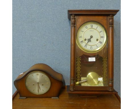 A mahogany wall clock and a Smith's Art Deco mantel clock 