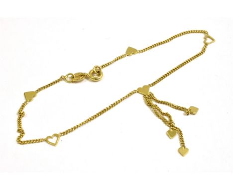 GOLD CHAIN BRACELET  In 14ct gold, 17cm long x 1.2mm wide, fine curb link chain alternating with closed and open heart shaped
