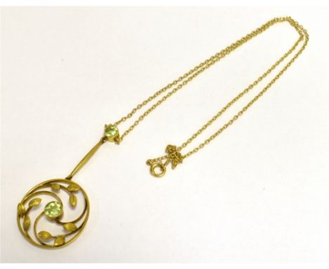 STAMPED 9CT EDWARDIAN GREEN GEM SET OPEN WORK DROP PENDANT with chain. Gross Weight 5g approx
