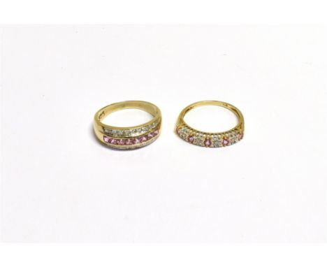 9CT PINK SAPPHIRE &amp; DIAMOND RINGS  One grain set eternity with round pink sapphires, estimated to total 0.60 carats, alte