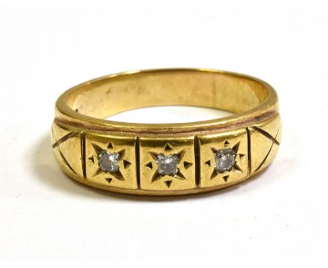 GENTS GOLD &amp; DIAMOND DRESS RING  In 9ct gold, 7.8mm wide star grain set head with three round brilliant cut diamonds esti