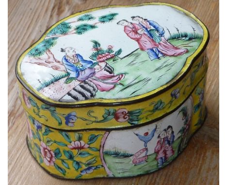 A 19th century quatrefoil-shaped Canton enamel Box and Cover