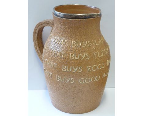 A late 19th century Doulton Lambeth/Slater's Patent stoneware motto Jug with silver rim "He that buys land buys stones/ He th