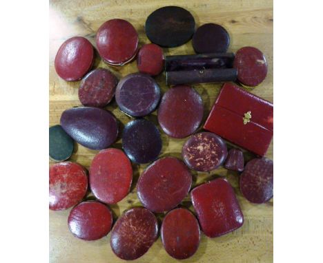 A selection of mostly 19th century oval red Morocco bound Portrait Miniature Cases together with a small selection of other C