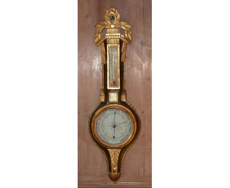 A carved giltwood early 19th century French Barometer, 102cm long 