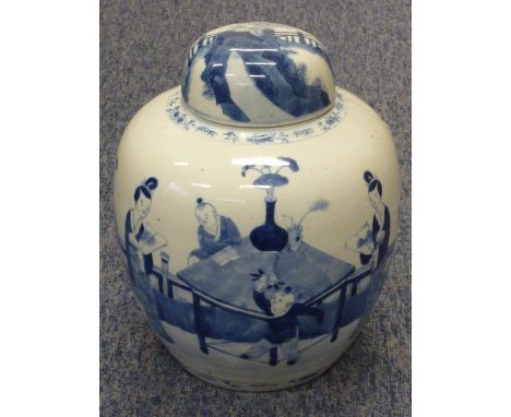 ADDED LOT    A 19th Century Chinese porcelain Jar and Cover of ovoid section, hand decorated in underglaze blue with figures 