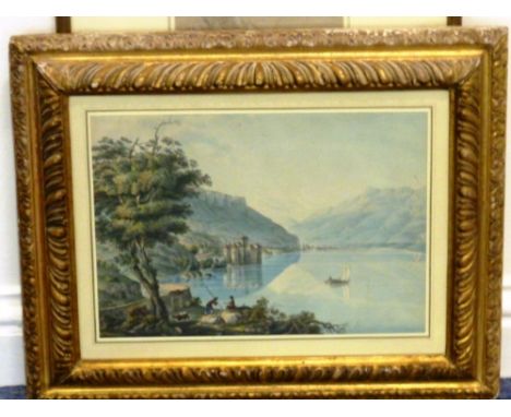 Early 19th Century English School hand coloured Etching "The Chateau Du Chillon", Miles Wynne Cato Gallery label verso, ornat