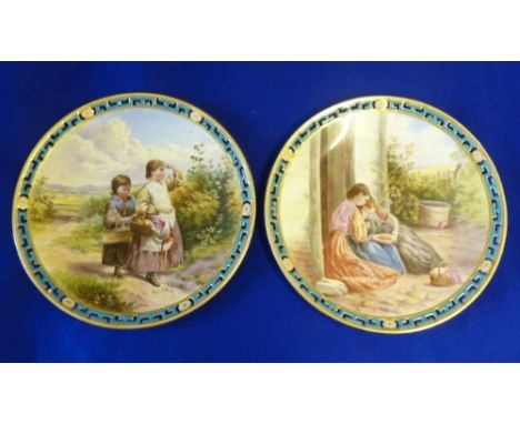 A good pair of 19th century Mintons Cabinet Plates, each very finely hand decorated with children amongst country surrounding