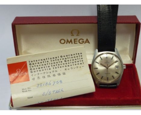 A gentleman's steel cased Omega Wristwatch, the silvered dial with baton markers and signed Omega, Geneve, the date aperture 