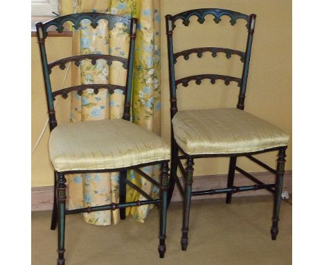 An unusual pair of late 19th century Aesthetic style ebonised and painted Bedroom Chairs, each with turned uprights united by