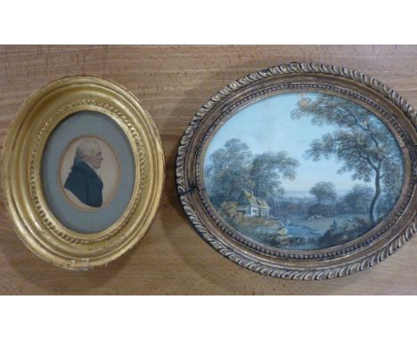 English School, early 19th century Watercolour Portrait miniature of a gentleman in profile, contained within an oval beaded 