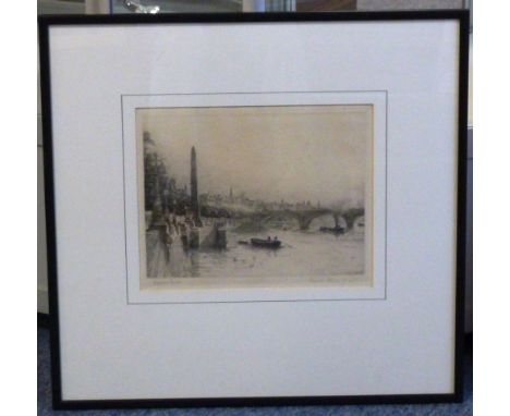 Frank Harding (British, 1935-1990) "Cleopatra's Needle", drypoint Etching, depicting various boats and figures on the Thames 