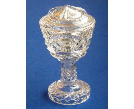 A fine and heavy mid-20th century hand cut crystal Table Lamp, the separate Shade with conical top and tapering sides, hand e