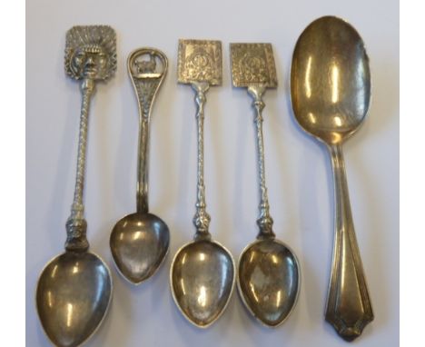 A selection of various South American style white metal Teaspoons together with an English hallmarked silver Caddy Spoon 