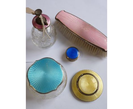 A collection of 20th century silver engine-turned, enamel-topped ladies Dressing Table Accessories, to include an Adie Brothe