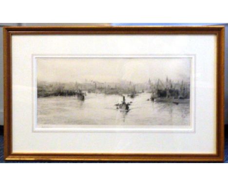 William Lionel Wyllie (English, 1851-1931) "Aberdeen", Etching depicting steamboats in a harbour, signed lower left in pencil