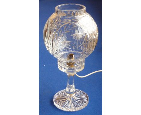 A fine and very heavy hand cut crystal Table Lamp and Shade, the separate spherical Shade engraved with stylised flowers, pos