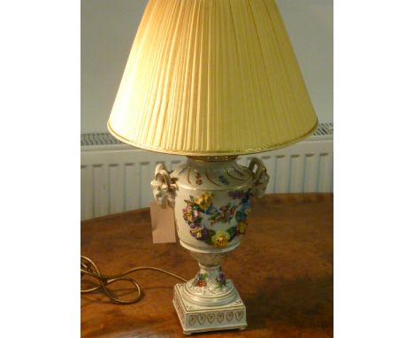 A decorative ceramic Table Lamp and Shade in late 18th century Robert Adam style, the urn-shaped body hand decorated with flo