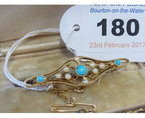 A 15-carat gold Victorian turquoise and seed pearl Brooch with Box    CONDITION REPORT:  There is old jewels marks and scratc