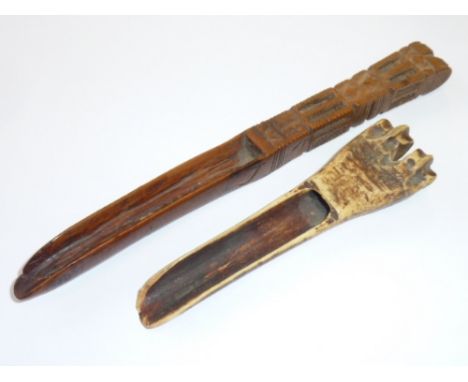 Treen interest - an 18th century fruitwood Knitting Sheath/Love Token (possibly Welsh?), the naively carved and pierced handl