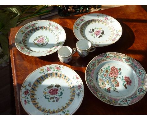 A selection of 18th century Chinese Ceramics including Plates decorated with chrysanthemum in the Famille Rose palette and tw