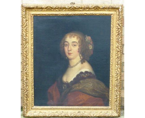 A late 17th/early 18th century Oil on Canvas Portrait Study of a lady wearing flowers in her front-curled hair, pearl necklac