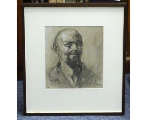 Michael Hyam (b. 1958) a box framed and glazed shoulder length self Portrait in charcoal, signed lower right, 31cm x 27.5cm 