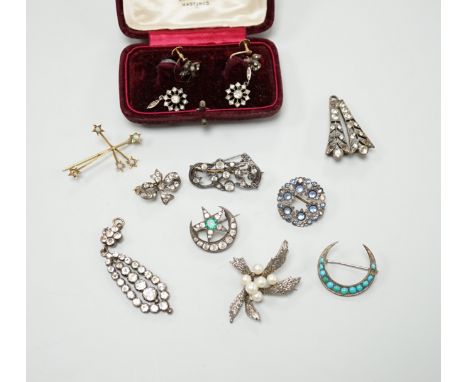 A group of mainly paste set jewellery including a pair of 9ct gold, silver and paste drop earrings and an opal set constellat