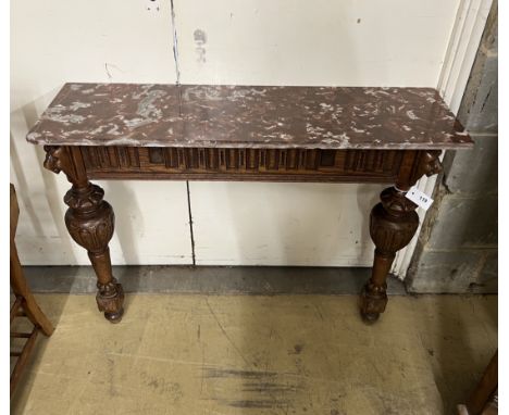 An early 20th century French carved oak marble top console table, adapted, width 107cm, depth 32cm, height 76cm