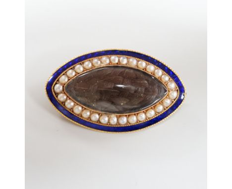 A Regency gold, enamel and split pearl brooch, of elliptical form with hairwork panel and monogram to the back, 3.75cm