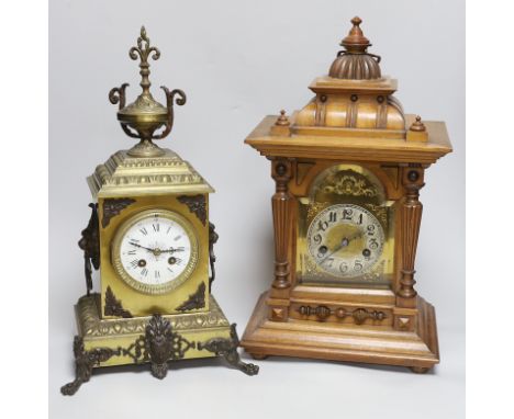 A late 19th century French brass mantle clock and another