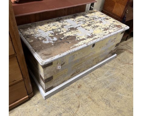 A Victorian iron bound painted pine trunk, width 110cm, depth 55cm, height 50cm