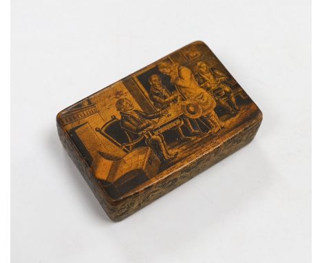 A 19th century mauchline ware penwork snuff box, depicting a rent collector in an interior and inscribed verse, 8cm wide