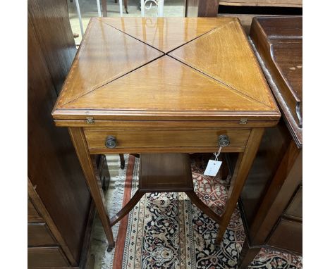 An Edwardian satinwood banded mahogany envelope card table, width 50cm, depth 50cm, height 77cm