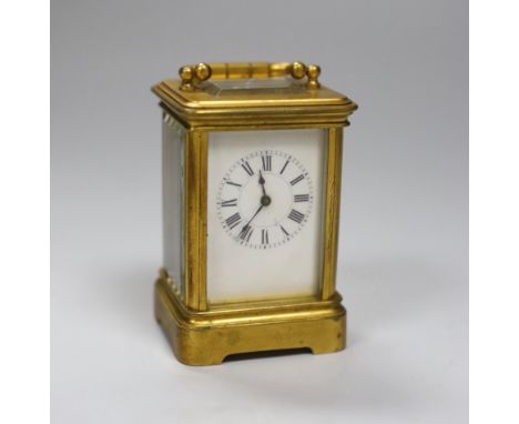 A French miniature carriage timepiece by Henri Jacot with enamel dial and leather case, 9.5cm high