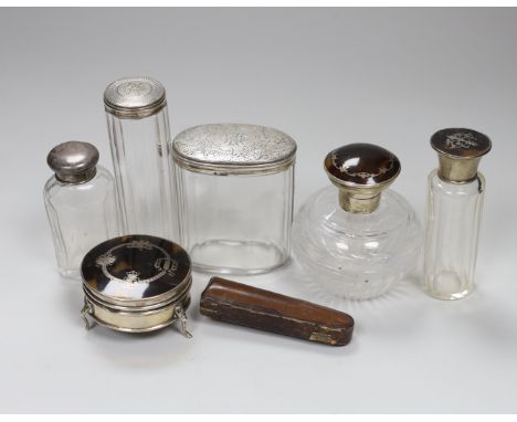 A George V tortoiseshell pique and silver trinket casket, 6cm, two tortoiseshell pique mounted glass jars, three further silv