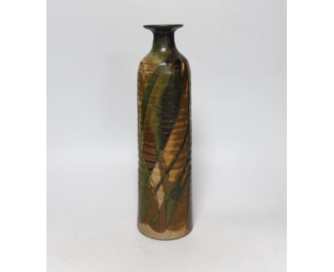 A stoneware bottle vase with wood ash glaze, possibly by Alton Pottery, 32cm high