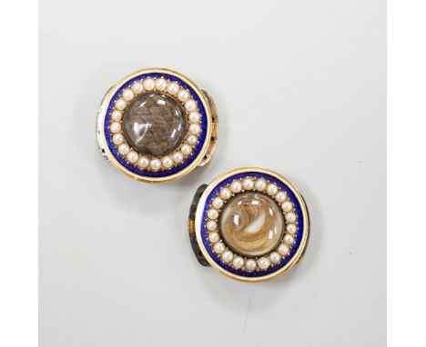 A pair of George III gold, enamel and pearl set clasps, each with differing hairwork inset and differing monogram / initials 