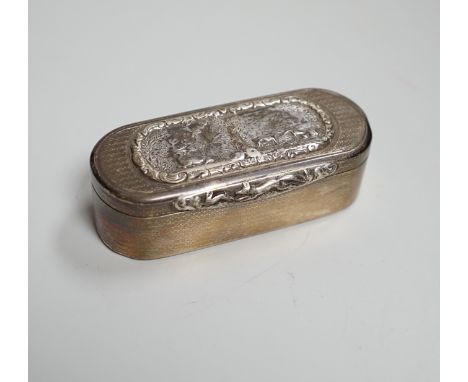 A William IV engine turned silver snuff box, the lid decorated with a panel of stags and hounds in landscapes, maker IJ, Lond