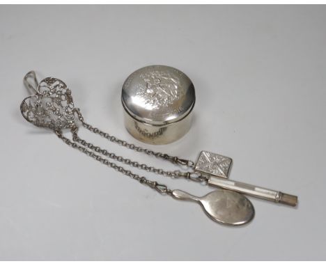 An Edwardian silver trinket jar, with Cooden Beach Golf Club 1918 inscription, 6.5cm, 71 grams and an Edwardian chatelaine, h