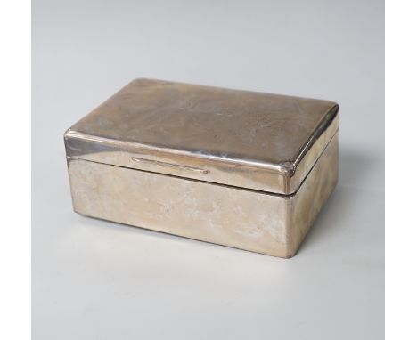 A George VI plain rectangular silver cigarette box with initials MJL, Mappin &amp; Webb, London 1945, 14cm, gross 479 grams