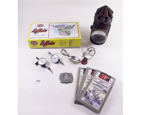A box of miscellaneous collectables including Police lantern, an Airfix bird kit and two diameter ovality meters